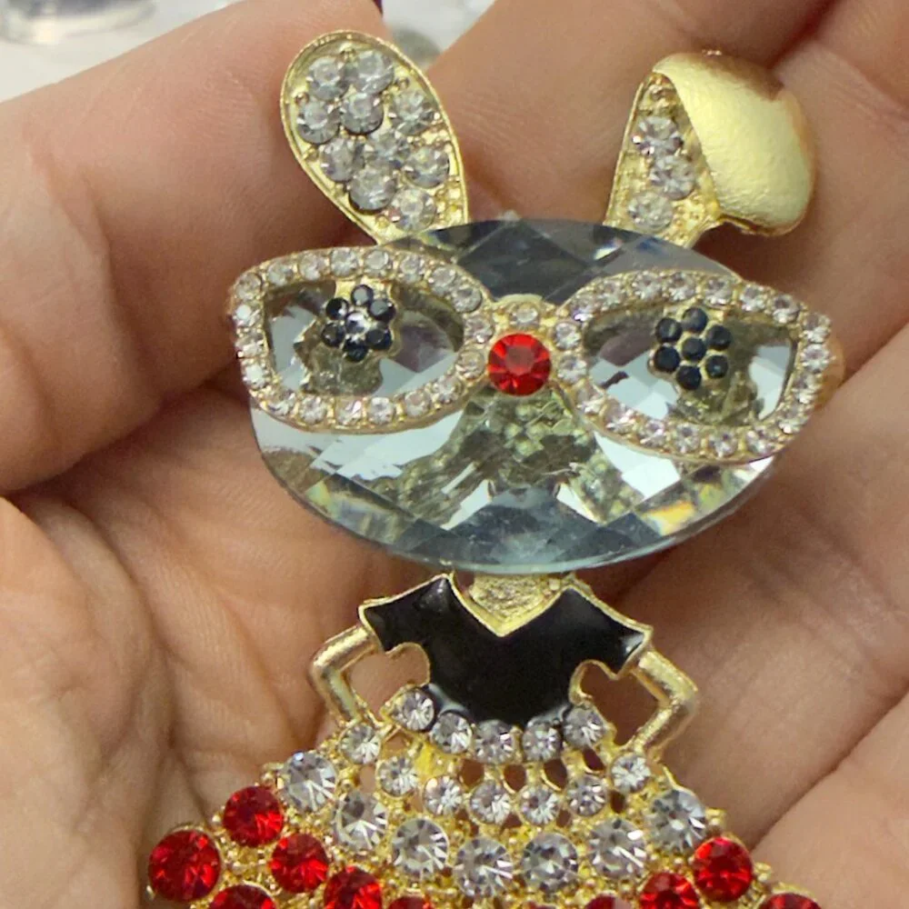 Rabbit Brooch Rhinestone Bunny Dancer Statement Pin Red Crystal Skirt 2.75”
